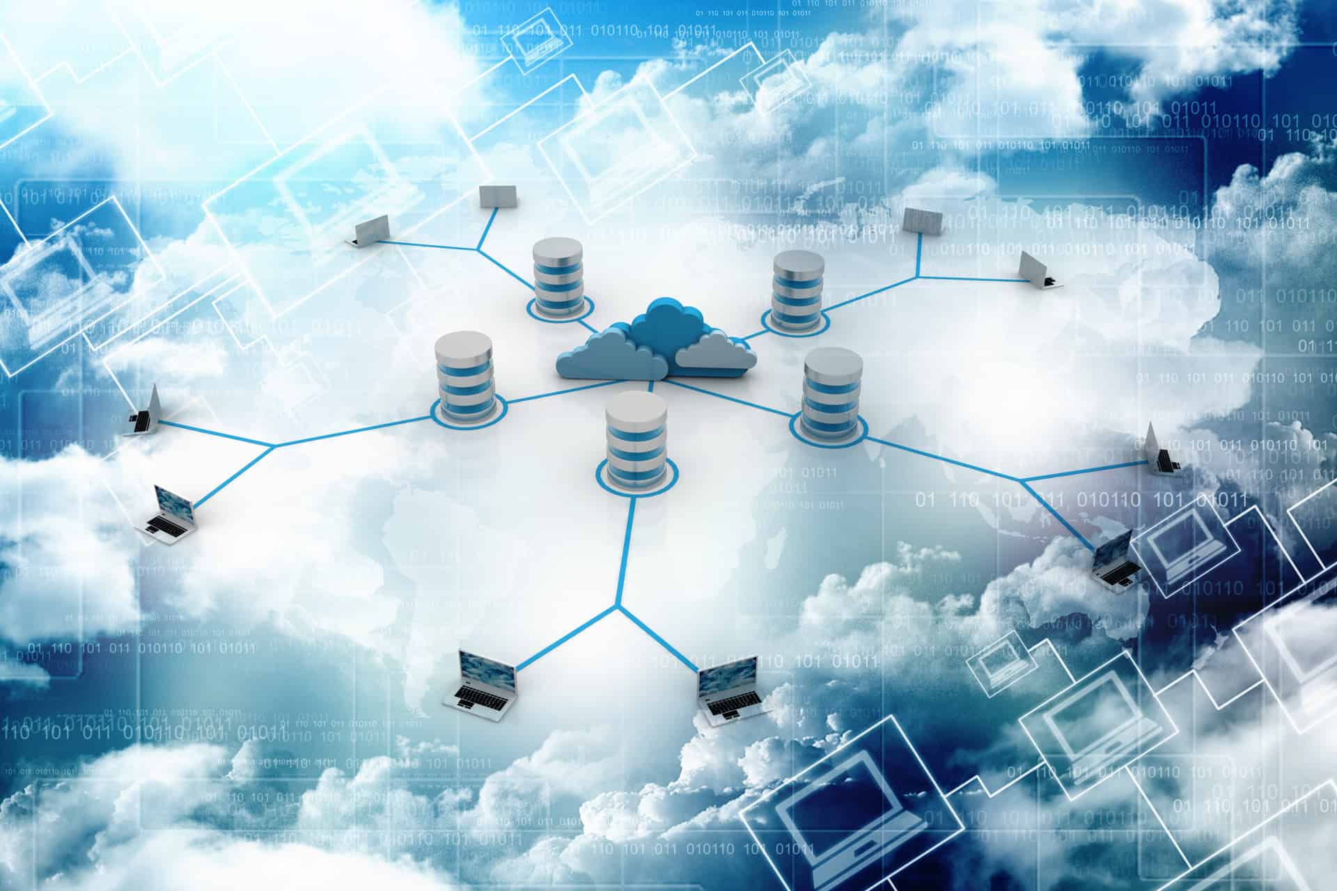 Illustration of servers and network devices connected through the cloud